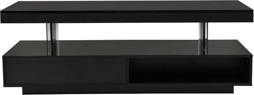 Vista 4 de JIJIWANG Mesa de centro moderna LED para sala de estar, mesa central de madera de alto brillo de 2 niveles con 2 cajones y estantes de exhibición
