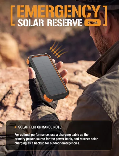 Vista 3 de ToughTested Cargador portátil de banco de energía solar de 24000 mAh, batería externa de carga rápida con linterna LED, IP66 impermeable, a prueba