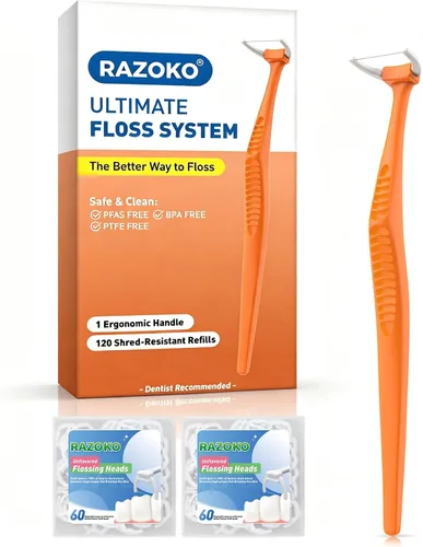 Vista 12 de RAZOKO Kit de hilo dental de mango largo (1 mango verde + 120 recambios) Púas de hilo dentales extra fuertes resistentes a la rotura para dientes