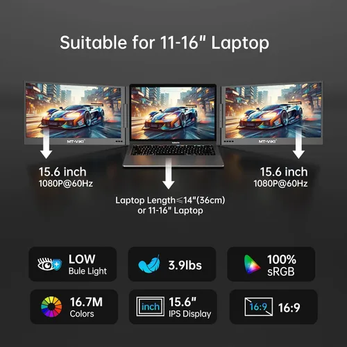 Vista 4 de MT-VIKI Extensor de pantalla para laptop de 15.6 pulgadas, monitor potable para computadora portátil, solo una conexión de cable USB-C, compatible