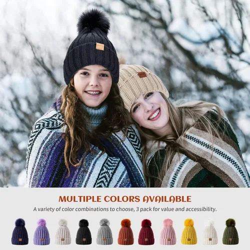 Vista 6 de MSDC Gorro para mujer con pompón, paquete de 3, sombreros de invierno para mujer, gorro de calavera cálido de punto a la moda, gorro para mujer