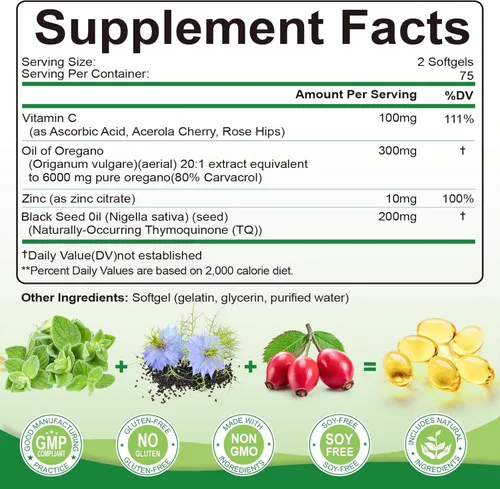 Vista 2 de Aceite de orégano con aceite de semilla negra, cápsulas de aceite de orégano de 6000 mg para apoyo inmunológico con alto contenido de carvacrol