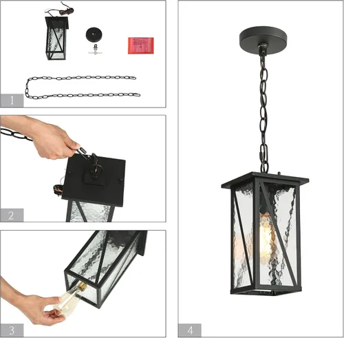 Vista 7 de Lámpara colgante para exteriores, luces colgantes exteriores de granja con vidrio ondulado de agua, luz rectangular de techo negro para puerta