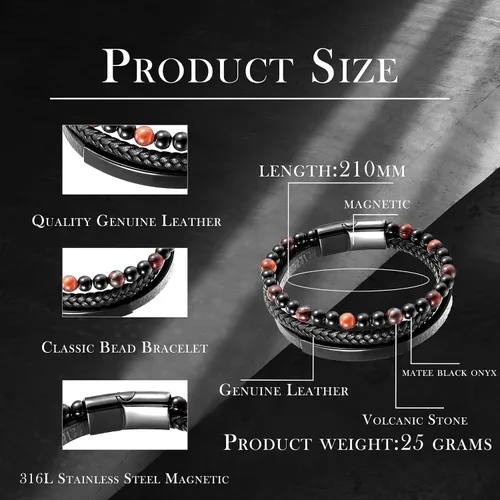 Vista 6 de Pulsera de cuentas de piedra volcánica de piedra volcánica de ónix negro y ojo de tigre mate para hombre, pulsera de cuero trenzado negro para hombre