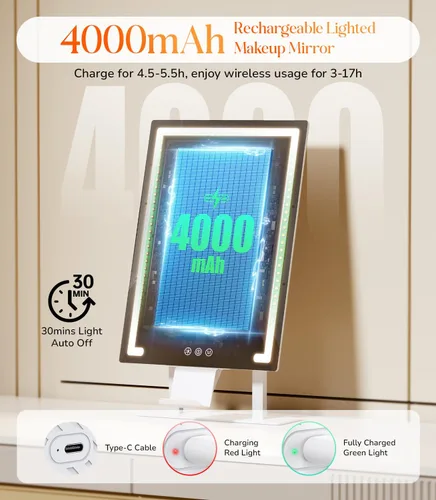 Vista 5 de Gospire Espejo de maquillaje iluminado, Hollywood 4000 mAh recargable con aumento 5X/10X, iluminación regulable de 3 colores, control táctil