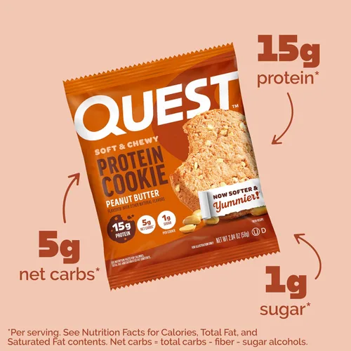 Vista 3 de Quest Nutrition Galleta de proteínas de mantequilla de cacahuete, 15g de proteínas, 1g de azúcar, 5g de carbohidratos netos, apta para dieta Keto