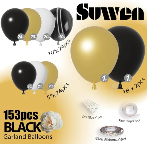 Vista 2 de SUWEN Juego de 153 globos negros y dorados de diferentes tamaños de 18, 10, 5 pulgadas, mármol negro, blanco y dorado metálico, globos de látex