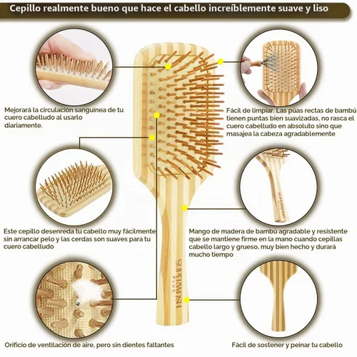 Vista 2 de Juego de cepillos de cabello para mujeres y hombres, cerdas de bambú natural, cepillo de paleta plana para cabello húmedo y seco, desenredante
