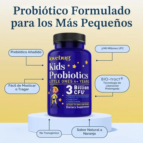 Vista 4 de LoveBug Probiotics: suplemento de probióticos de múltiples cepas para niños pequeños. 60 Esferas fáciles de tragar. 3 mil millones CFU. Comprimidos