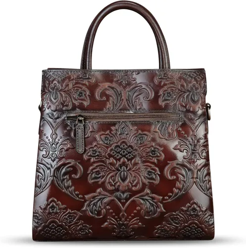 Vista 4 de Bolso de cuero genuino para mujer, bolso de cuero en relieve, bolso de mano con asa superior, bolso cruzado