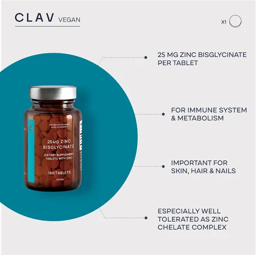 Vista 3 de CLAV Bisglicinato de zinc 25 mg - 180 tabletas (suministro para 6 meses) - Suplemento quelado natural - Glicinato vegano para apoyo inmunológico