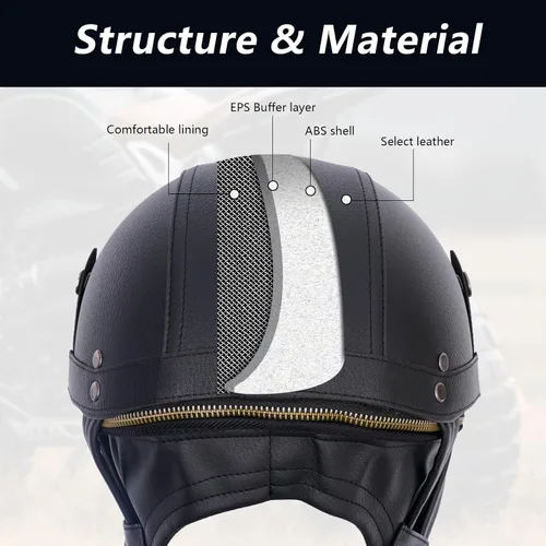Vista 4 de Casco de motocicleta de cuero de estilo alemán, aprobado por DOT, casco vintage de media cara con gafas y visera oculta, media carcasa