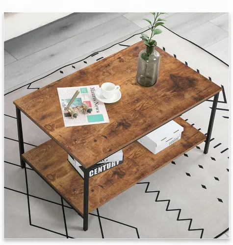 Vista 2 de SENIG Mesa de café pequeña rectangular marrón de madera y metal con estante de almacenamiento para salas de estar pequeñas