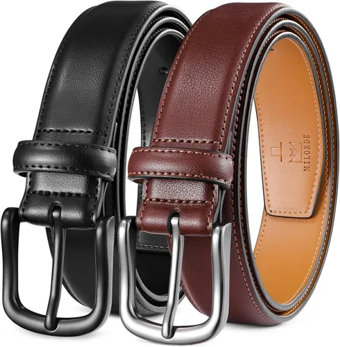 Vista 11 de MILORDE Cinturón de vestir de cuero para hombre, 2 unidades, hecho a mano, cuero genuino, diseños clásicos y modernos para el trabajo, negocios