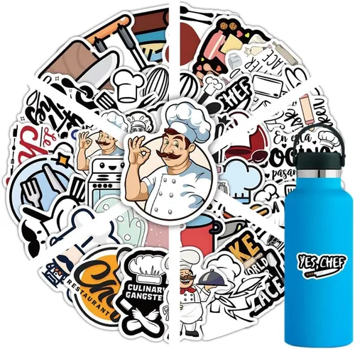 Vista 9 de Calcomanías de chef 54 calcomanías de vinilo impermeables para botellas de agua, tazas, computadora, teléfono celular, patineta, guitarra Peel