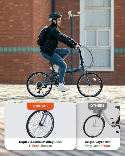 Vista 6 de VIRIBUS Bicicleta plegable para adultos, bicicleta plegable de 20 pulgadas de 7 velocidades, bicicleta compacta ligera, bicicletas plegables