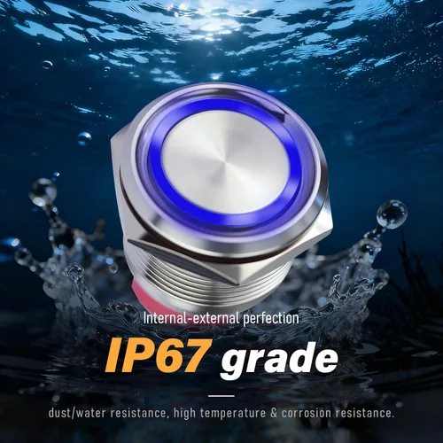 Vista 4 de Interruptor de botón momentáneo de 15 amperios, interruptor de botón de 12 V-24 V, 0.866 in, interruptor de botón AC/DC IP67, impermeable, luz LED