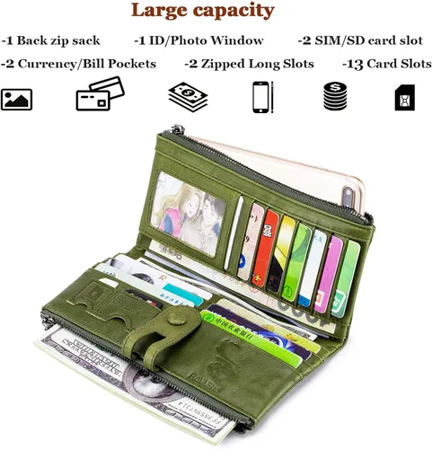 Vista 2 de Roulens Cartera para mujer de gran capacidad de cuero genuino plegable con bloqueo RFID tarjetero con bolsillo con cremallera