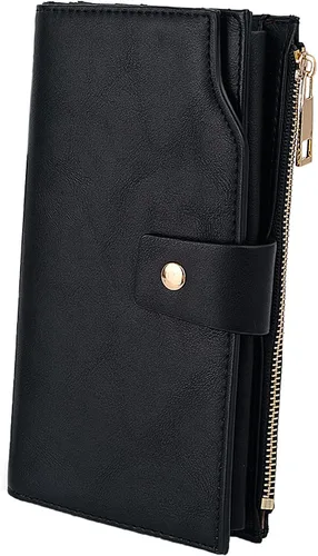 Vista 24 de UTO Cartera de cuero vegano para mujer, cartera larga con broche de presión, tarjetero de crédito, elegante embrague 0153 Gris