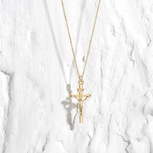 Vista 180 de Fettero - Collar con dije de cruz de fe, chapado en oro de 14 K, cadena fina, minimalista, simple, pequeña, para oración, regalo de joyería religiosa