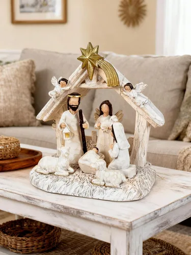 Vista 9 de Conjunto de Natividad para Interior – Escena de Nacimiento con Pesebre, Conjuntos y Figuras de Nacimiento de Navidad con Luces LED, Decoraciones