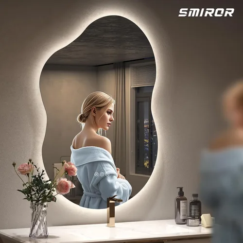 Vista 2 de SMIROR Espejo de Baño Retroiluminado Irregular con Luces 20 x 32, Espejo de Tocador con Luz LED Asimétrica en Forma de Nube para Pared