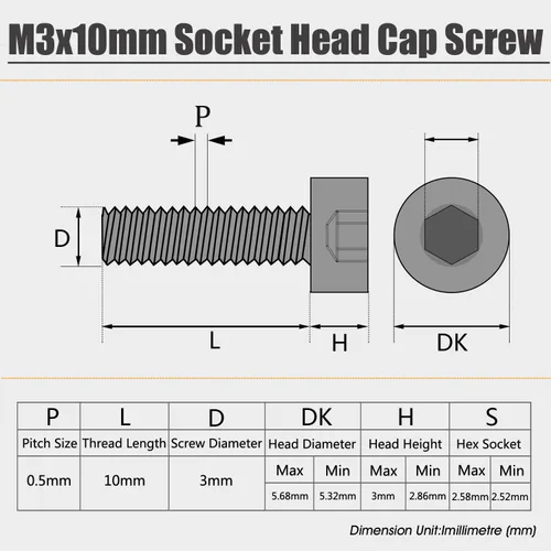 Vista 2 de Tornillo M3 10mm Tornillo de cabeza de casquillo M3-0.5x10mm Tornillo de casquillo M3 Tornillos métricos de acero inoxidable Allen Hex Drive Acabado