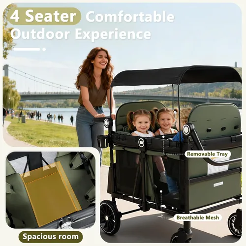 Vista 3 de Kinder King Cochecito Wagon para 4 niños, mango ajustable, color verde