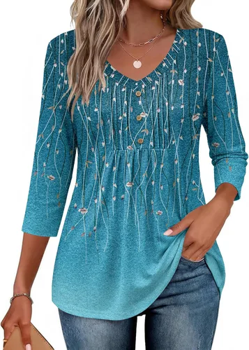 Vista 17 de Ekouaer Blusas de manga 3/4 para mujer, cuello en V, blusas plisadas casuales Boho Multicolor