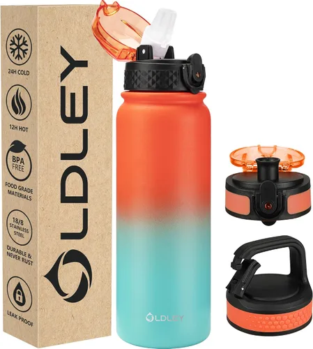 Vista 53 de Botella de agua aislada Oldley de 12 oz con pajita, botella de agua de acero inoxidable con 2 tapas, botellas de doble pared con vacío para adultos