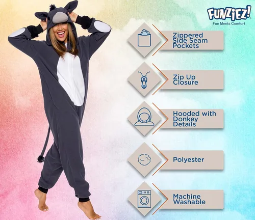 Vista 4 de Funziez! Slim Fit Donkey One Piece - Plush Adult Animal Costume Jumpsuit
