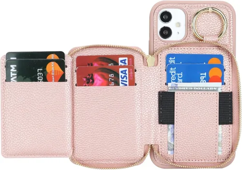 Vista 5 de Funda compatible con iPhone 11 con tarjetero, para iPhone 11, funda de teléfono con cremallera y ranura para mujer, 6.1 pulgadas, oro rosa