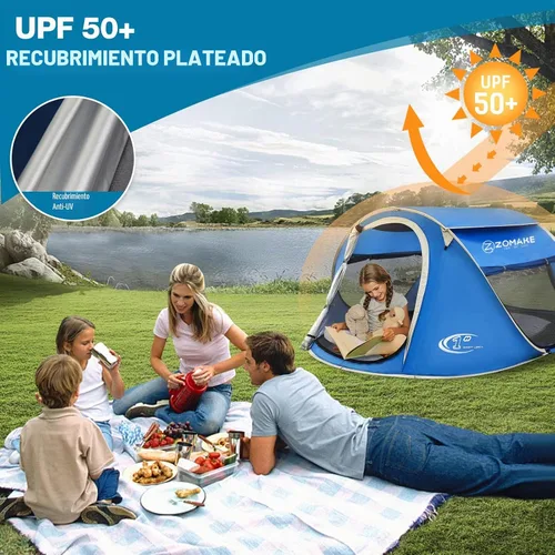 Vista 4 de ZOAMKE - Tienda de campaña fácil desplegable para 2 a 4 personas, impermeable, tienda de campaña emergente automática para acampar Azul 3-4 Persona
