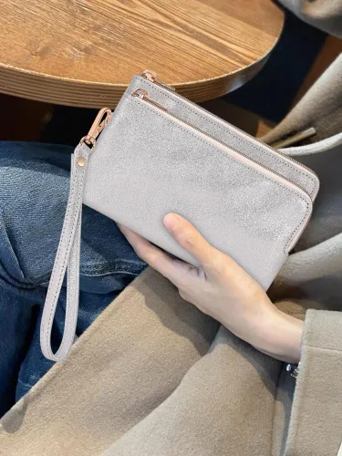 Vista 6 de GAYI URBAN Cartera de mano de cuero genuino con doble cremallera para mujer