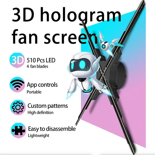 Vista 5 de Ventilador holográfico 3D, pantalla giratoria holográfica LED HD de 19.7 in (19.7 pulgadas), proyector holográfico de 4 hojas, medio transparente