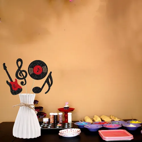 Vista 8 de Centro de mesa de notas musicales para decoración de fiesta de cumpleaños musical de rock, 12 piezas de decoración de mesa de guitarra de rock