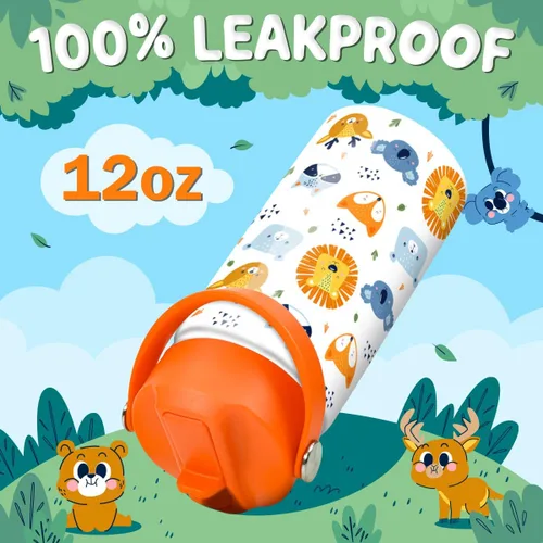 Vista 5 de SANDJEST Botella de Agua para Niños con Tapa de Pajita - 12 Oz Botella de Acero Inoxidable Aislada con Dibujo de Animales para Niños y Niñas - Taza