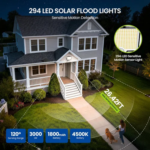 Vista 2 de Luces solares de inundación al aire libre, luces de sensor de movimiento LED 294 para exteriores, luz solar impermeable IP67 para exteriores, luces