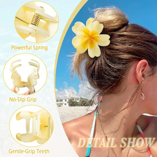 Vista 3 de 6 pinzas para el cabello de flores para mujer, pinzas de pelo de flores hawaianas, pinzas de hibisco hawaiano para cabello fino y grueso, fuerte