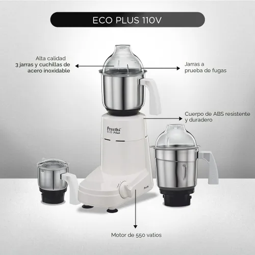 Vista 3 de Preethi Eco Plus - Molinillo mezclador, blanco, 3 tarros