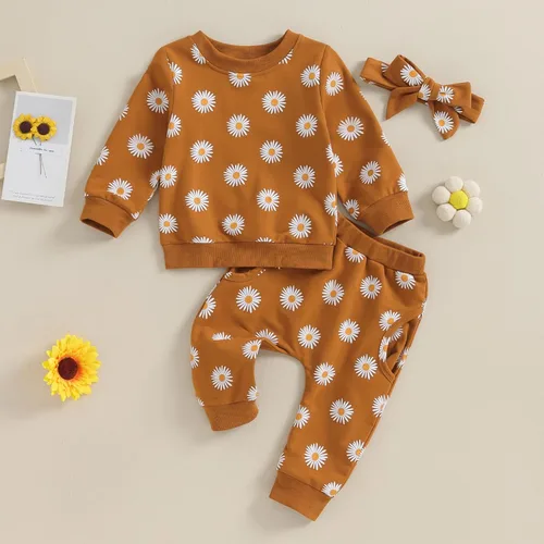 Vista 6 de CIYCUIT Conjunto de 3 piezas de sudadera de margaritas + pantalones + diadema, ropa infantil de otoño e invierno