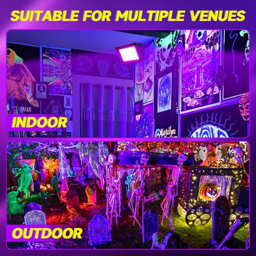 Vista 4 de Paquete de 2 luces LED negras de 200 W, IP66 impermeable para exteriores, luz negra con enchufe, interruptor, cable para fiesta de neón brillante