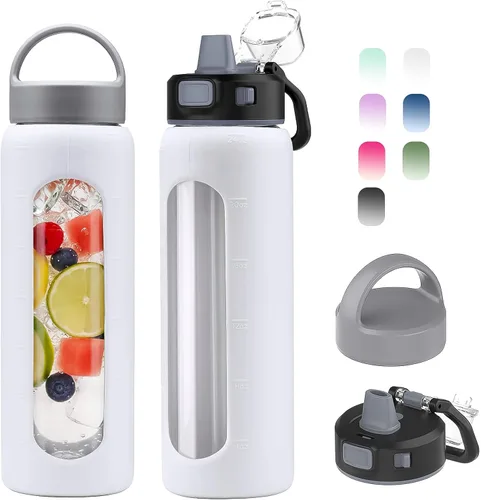 Vista 21 de Kodrine - Botella de agua de vidrio de 20 onzas con popote y 2 tapas para fácil transporte, con asa, funda de silicona y marcador de tiempo, botella