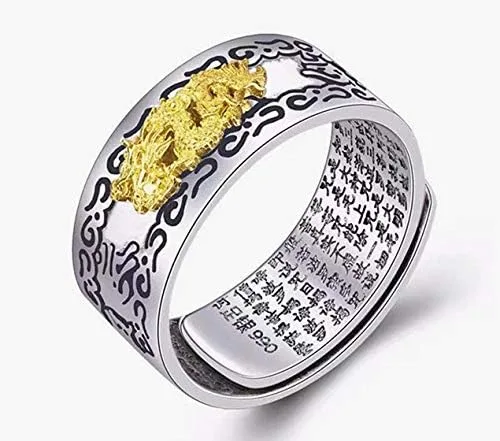 Vista 2 de Anillo vintage de plata Feng Shui Pixiu para mujeres y hombres, grabado textos budistas, alivio máximo, sapo dragón, Pixiu, camafeo, riqueza, buena