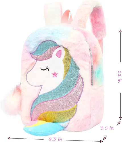 Vista 5 de CBOALOGR - Mochila pequeña de peluche de unicornio para niñas de 3 a 6 años, Bonita bolsa de viaje de unicornio de peluche para niños pequeños