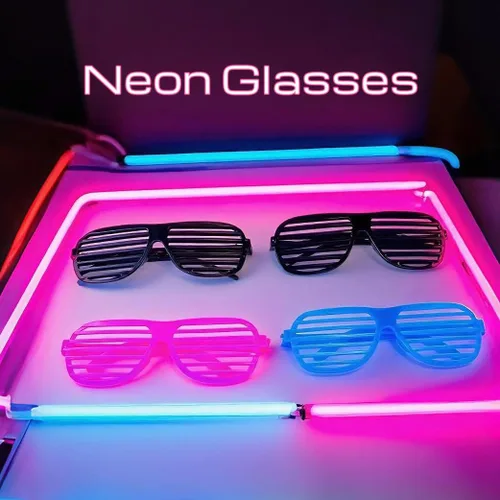Vista 2 de Paquete de 4 lentes negros y neón para obturador, gafas retro ranuradas, divertidas gafas de los años 80 y 90, recuerdos de fiesta, cumpleaños