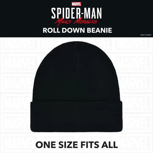 Vista 5 de Concept One Marvel Spider-Man Miles Morales Roll Down Cuff Beanie Hat, Knitted Winter Skull Cap