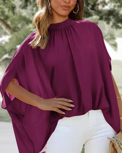 Vista 96 de BTFBM Blusas de verano para mujer, cuello alto falso, manga murciélago, holgadas, dobladillo alto y bajo, blusas informales de gran