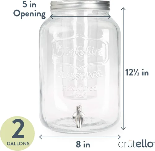 Vista 2 de Crutello Dispensador de bebidas de vidrio para exteriores con espita de acero inoxidable y cilindro de hielo, dispensador de bebidas de 2 galones