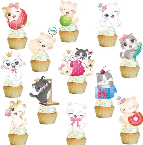 Vista 2 de 24 adornos para cupcakes de gato, miau, gatito, decoración de fiesta, lindos adornos para cupcakes de gatos de dibujos animados para gatitos, baby